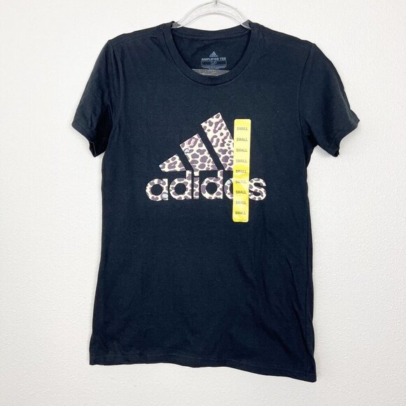 Adidas Black Leopard Print Logo Amplifier Short Sleeve Graphic Tee Womens Small - Picture 1 of 7